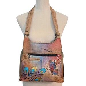 Anna by Anuschka Leather Butterfly Handpainted Peacock Hobo Shoulder Handbag